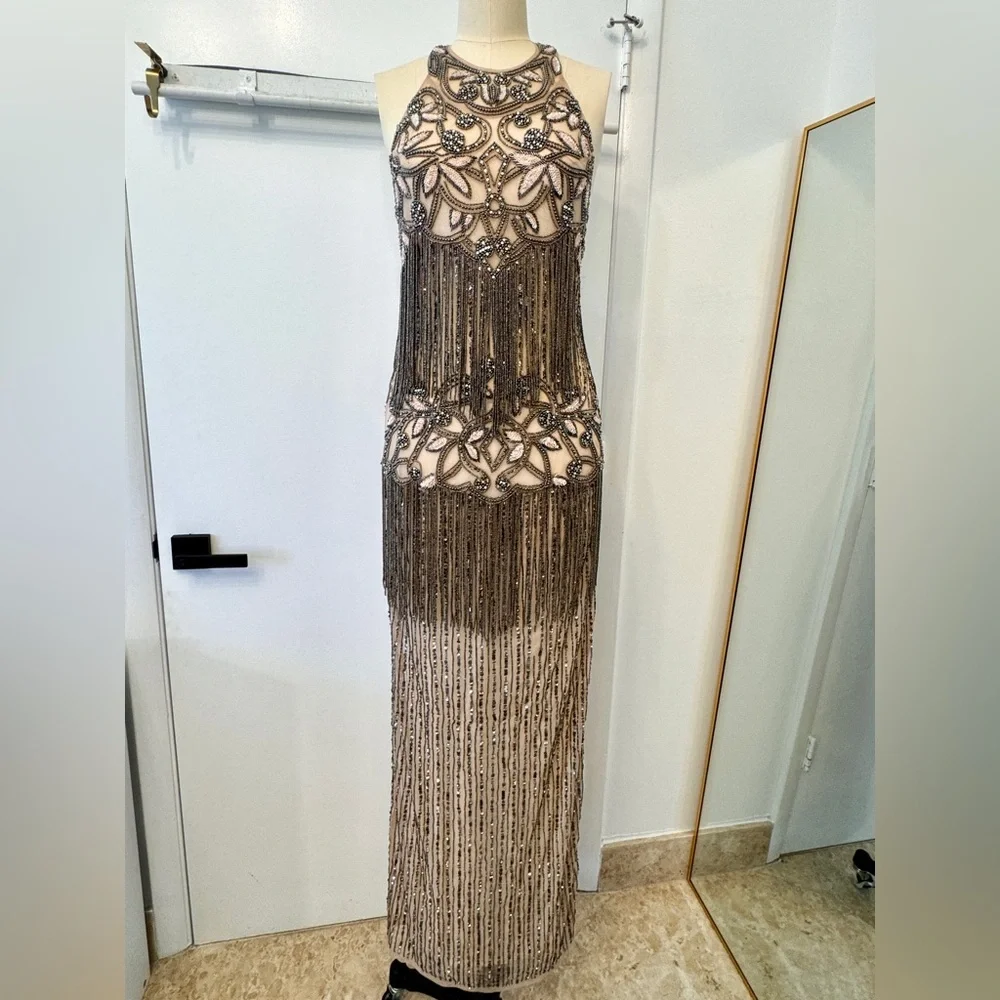 Heavily Beaded Halter Gown – Open Back Sheer Fringe Maxi Dress Glam Formal - Picture 1 of 12